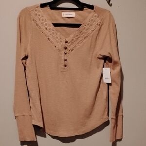 Lucky Brand Women's Beige Lace Long Sleeve Top